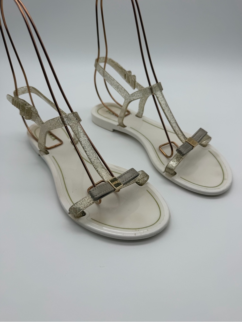 Furla Metallic Gold and White T-Strap Jelly Sandals Size 6